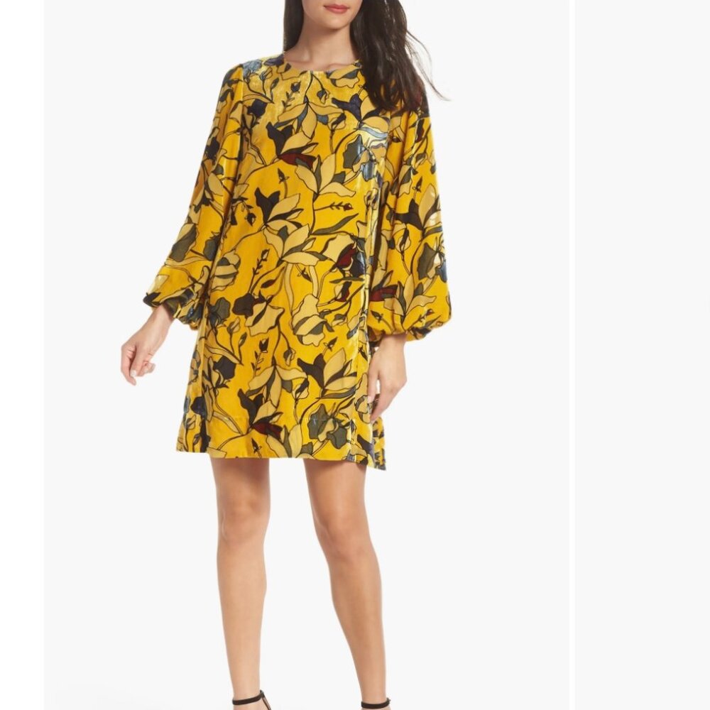 French Connection Yellow Floral Long Sleeve Shift Dress